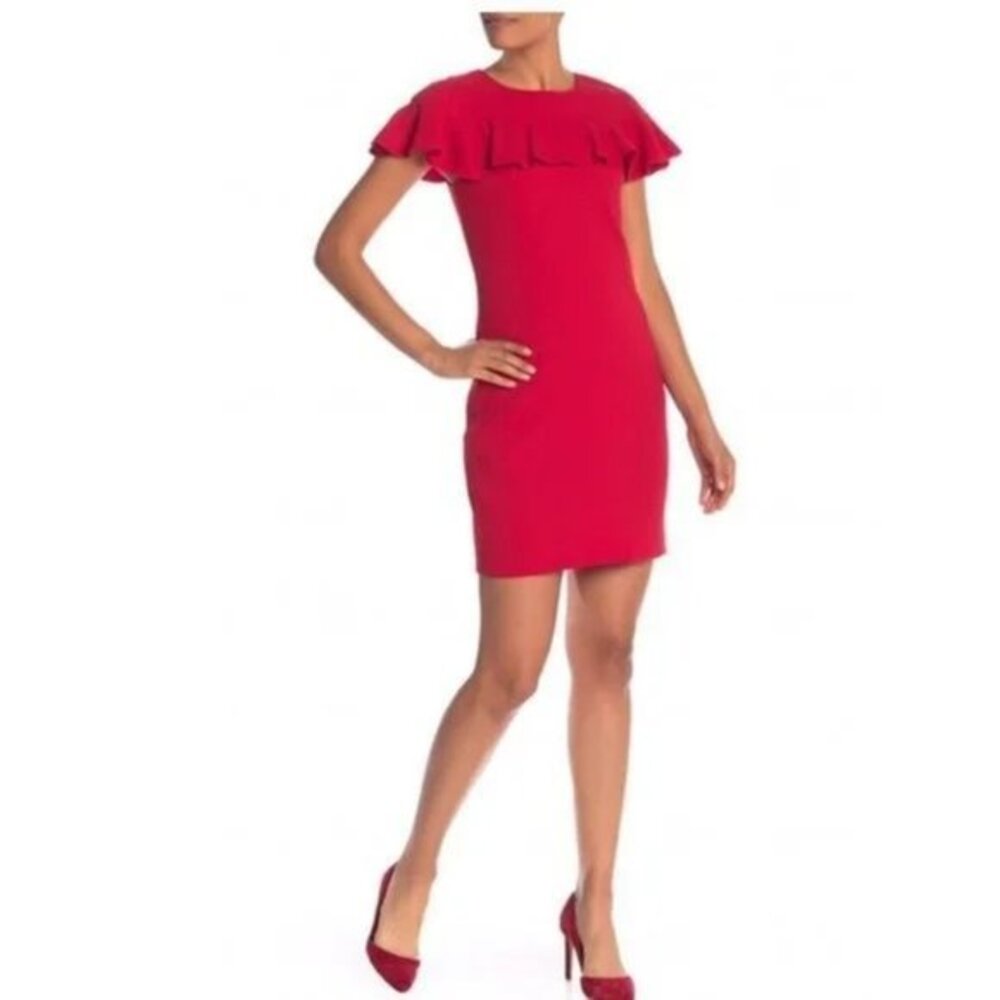 Trina Turk Shimmer Ruffle Sheath Dress in Red. 8